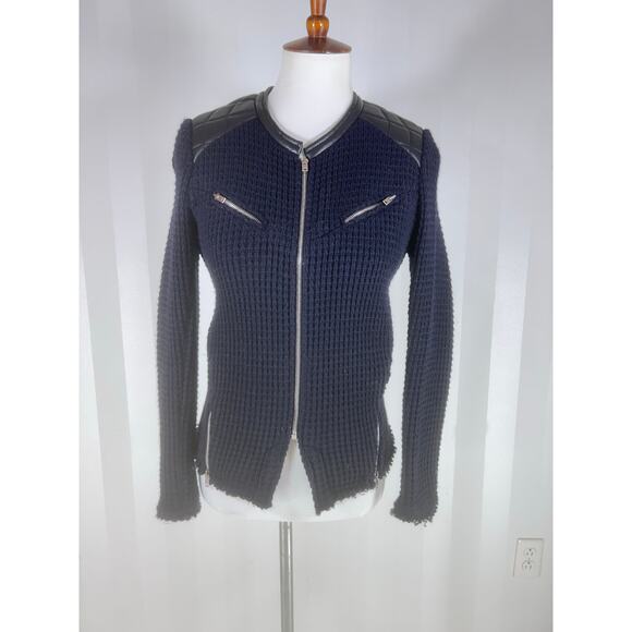 IRO PARIS Ceylona Navy Blue Knit/Black Leather Shoulders Front Zip Jacket - Picture 1 of 14